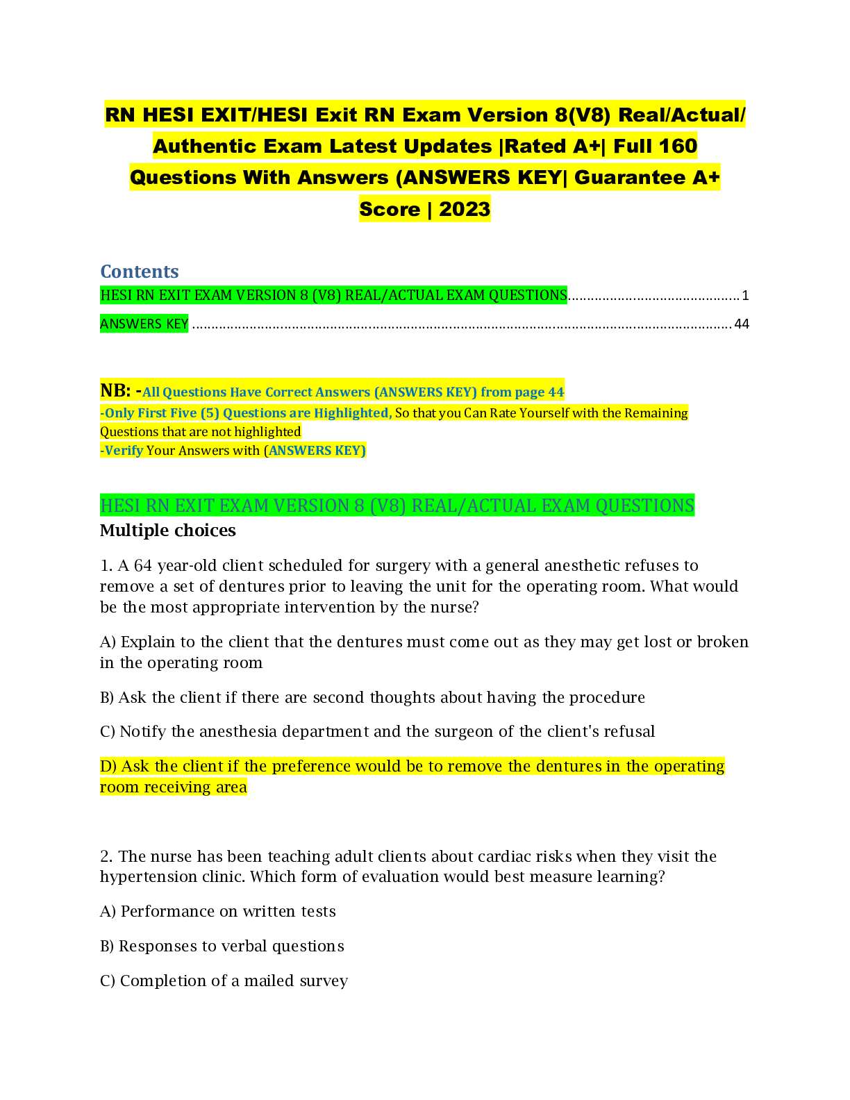 Preview of RN HESI EXIT/HESI Exit RN Exam Version 8(V8) Real/Actual/ Authentic Exam Latest Updates |R